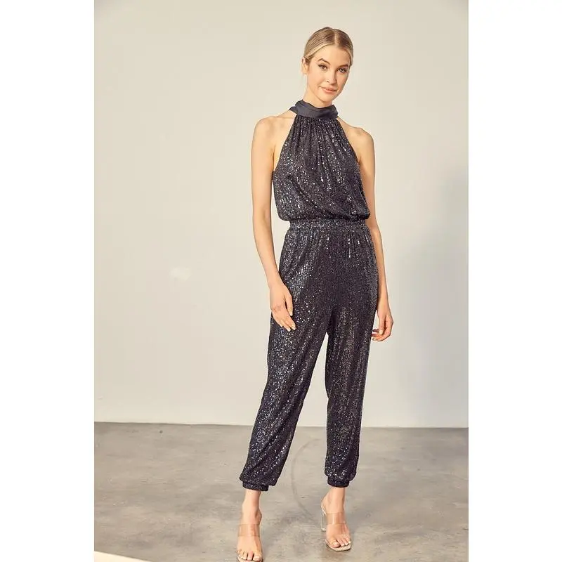 Fashion Authority- High Neck Black Sequin Jumpsuit