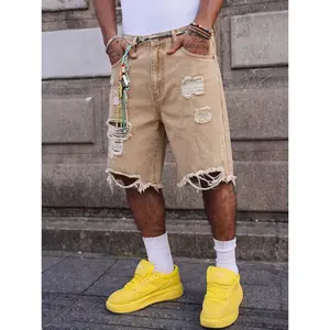 Men's Khaki Distressed Denim Shorts - Frayed Raw Hem, Casual Jorts, Vintage Washed, Natural Handmade Design for Pairing with Hoodie Tops & Sneakers