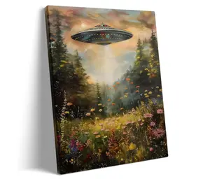 Retro UFO Canvas Wall Art Alien UFO Pictures Print Framed Whimsical Wildfloral Victorian Landscape Oil Painting for Living Room & Bedroom Nature Decor