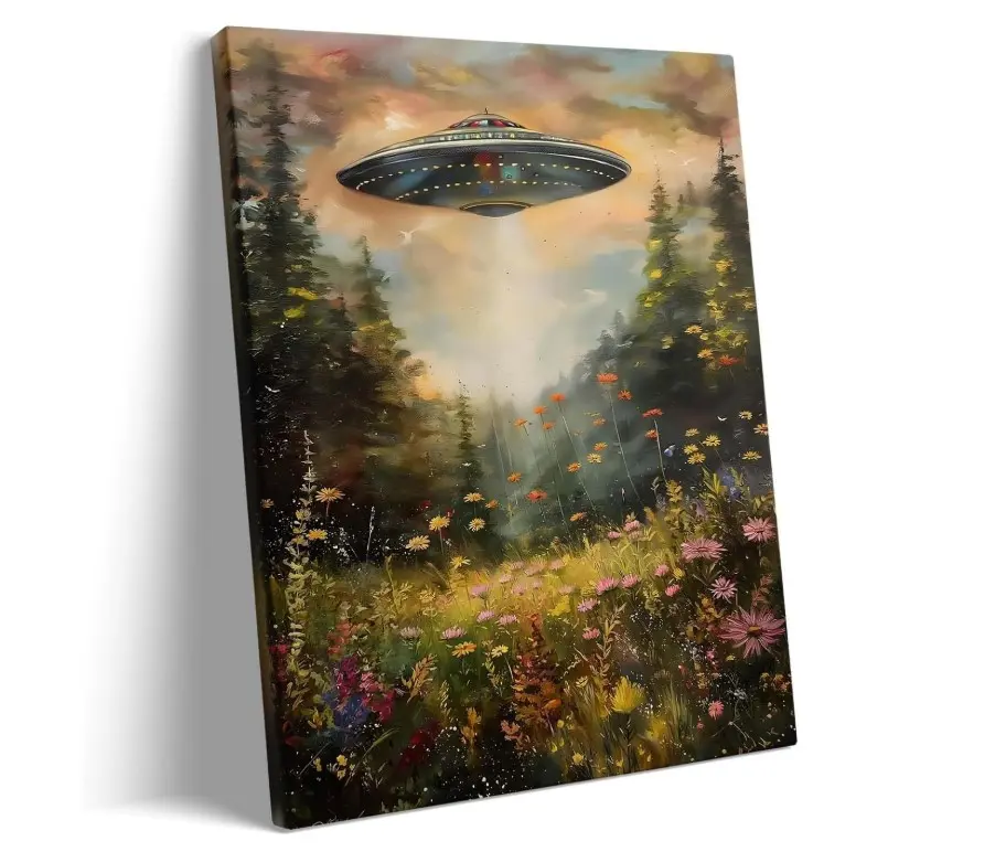 Retro Alien-Themed Framed Canvas Painting Artwork, Celestial Aesthetic Wall Decoration with Flower Patches, Victorian Landscape for Living Room, Bedroom, Alien Theme Prints, Whimsical Aesthetic