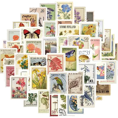 Vintage Postage Stamp Sticker, 50pcs/set Scrapbook Sticker, Decorative Sticker, DIY Decorative Stickers for Bullet Journal, DIY Crafts, Collage Album