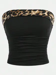 Teen Girls Fashion Halter Top, Colorblock Leopard Print Vintage Style, Sleeveless Fitted Casual Wear for School and Daily Activities