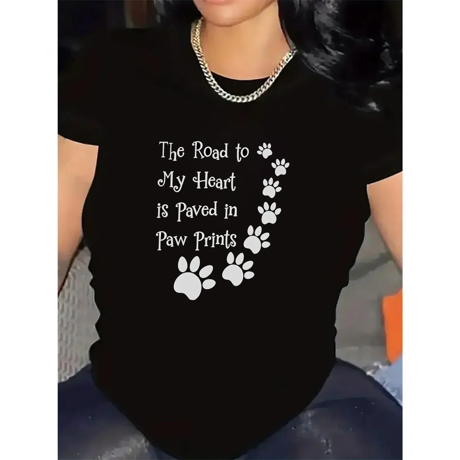Short Sleeve T-Shirt for Women, 100 Polyester, Lightweight    Durable, Featuring The Road to My Heart is Paved in Paw Prints Design with    Paw Prints, Perfect for Pet Lovers at Home or Casual Outings