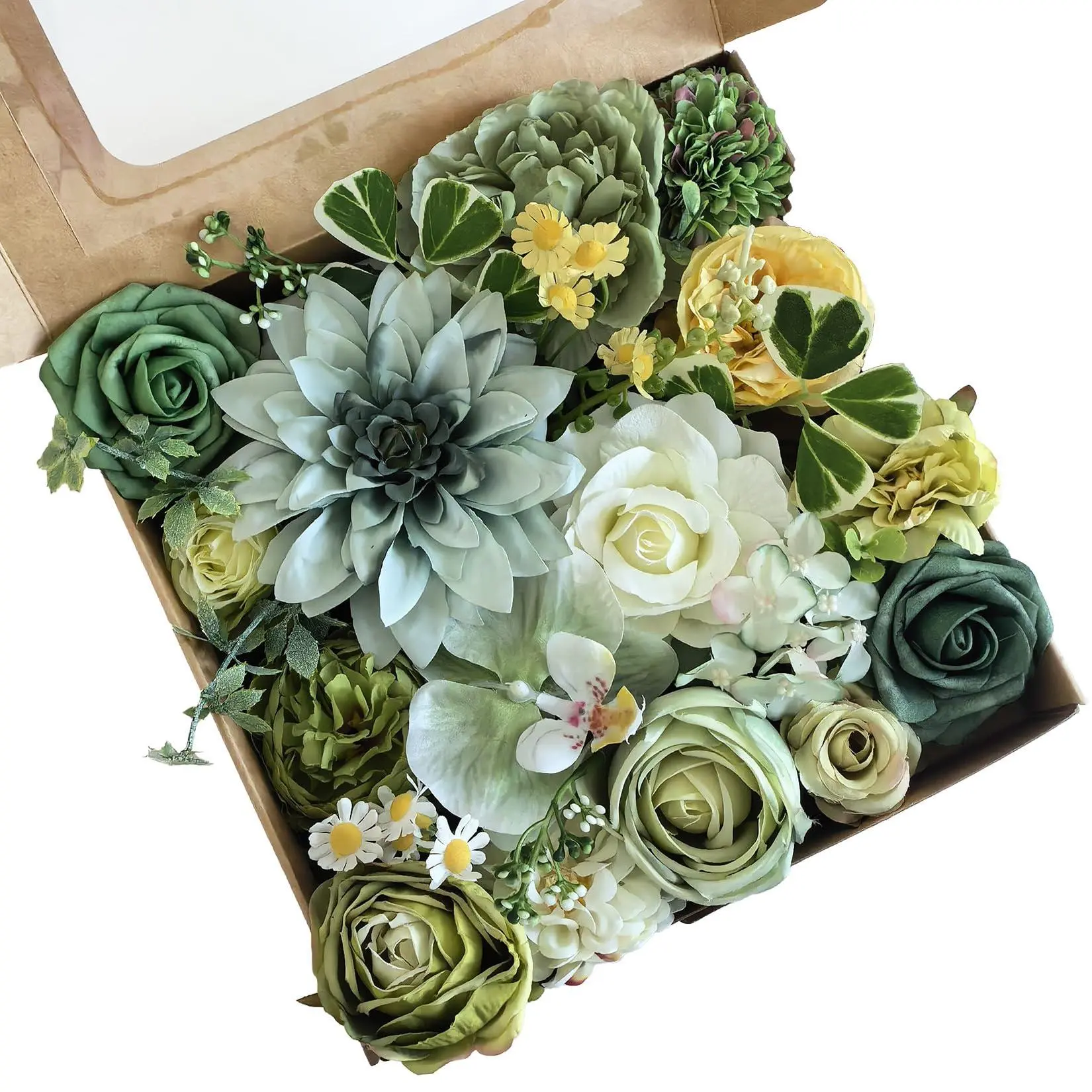 GARVEE 30-Pcs Bulk Pack Artificial Silk Mixed Blooms with Iron Stems, Realistic Look Various Shapes Indoor Floral Decor for Wedding, Party (Green)