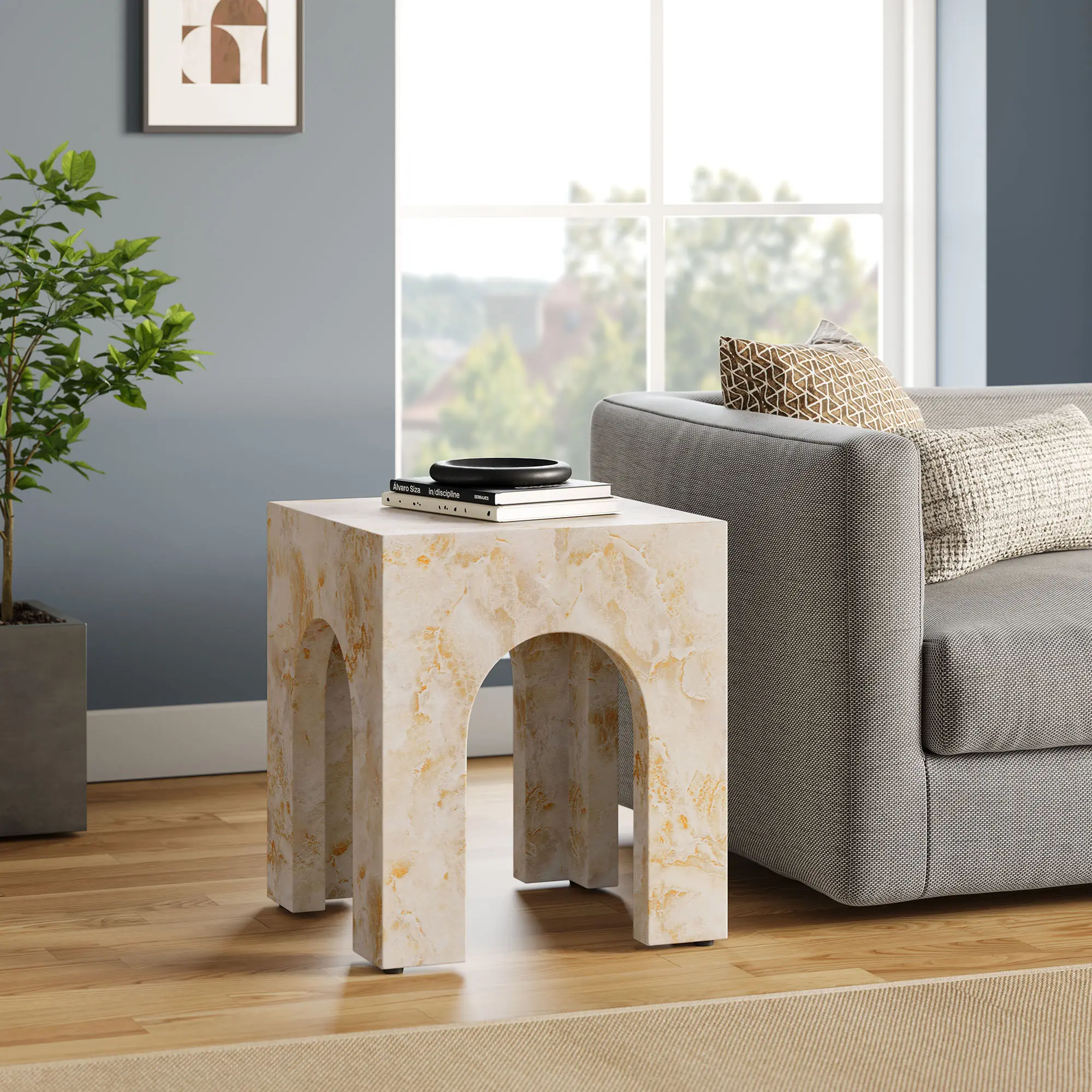 Valen Square Indoor - Outdoor Patio Arched Concrete Side Table in Honey Onyx