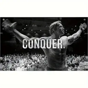 1pc Arnold Schwarzeneger CONQUER Flag - Black & White Bodybuilding Motivational Poster, Large  & Home Decor with Brass Grommets, Heavy-Duty  Banner for Home Gym, Office, Dorm - No Electricity Needed - Ideal Gift for Fitness