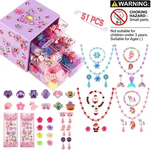 Princess Jewelry Toy, 51pcs/set Jewelry Dress Up Play Set for Girls, Including Necklaces Rings Earrings and Bracelets, Kids Play Jewelry Set for Girls, Beaded Bracelet Set