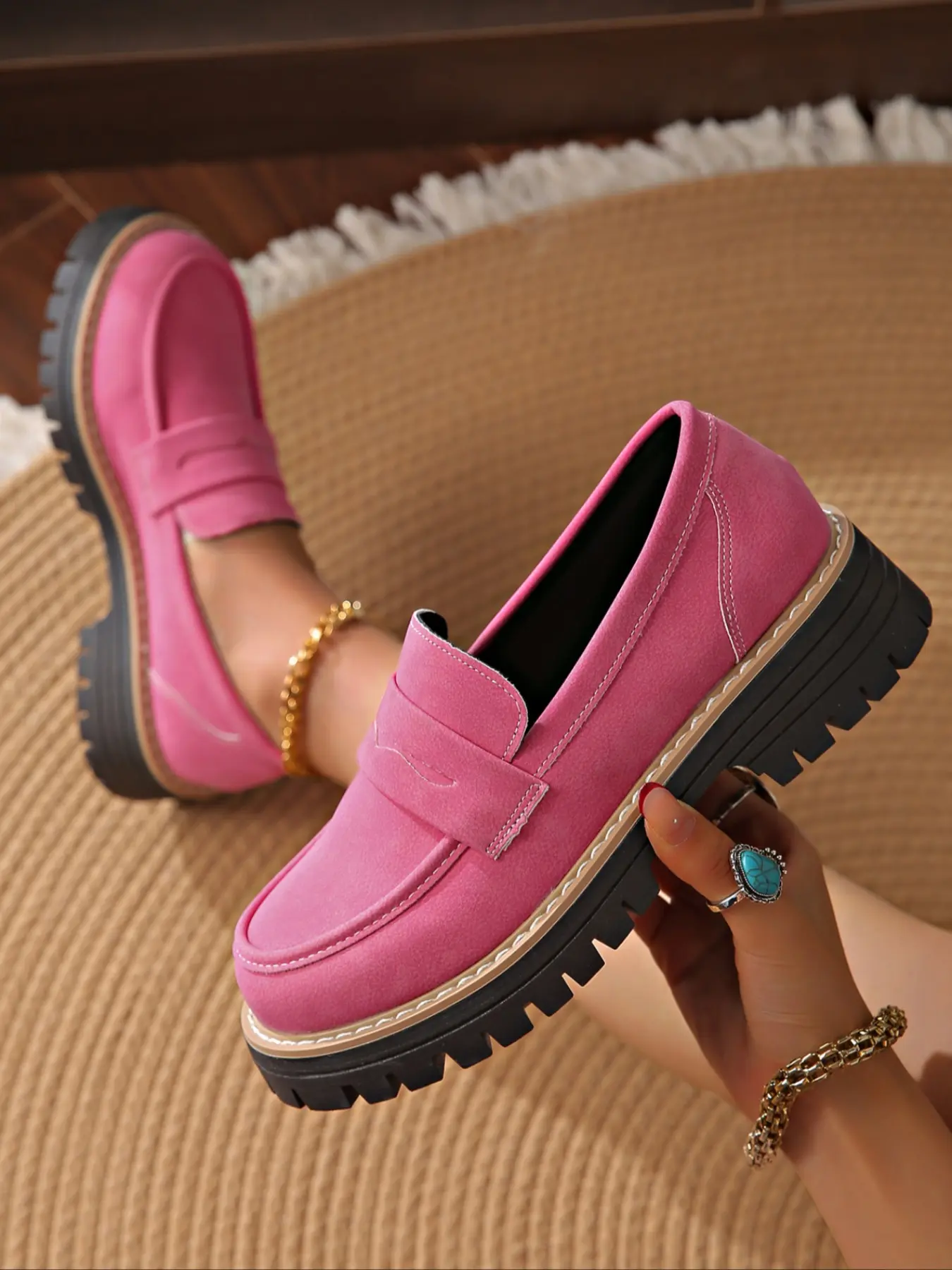 Women's Thick Sole PU Leather Loafers, Comfortable Shoes, Wide Fit Round Toe Slip-On Casual Flats, Modern Minimalist Fashion Style, All-Season Wear