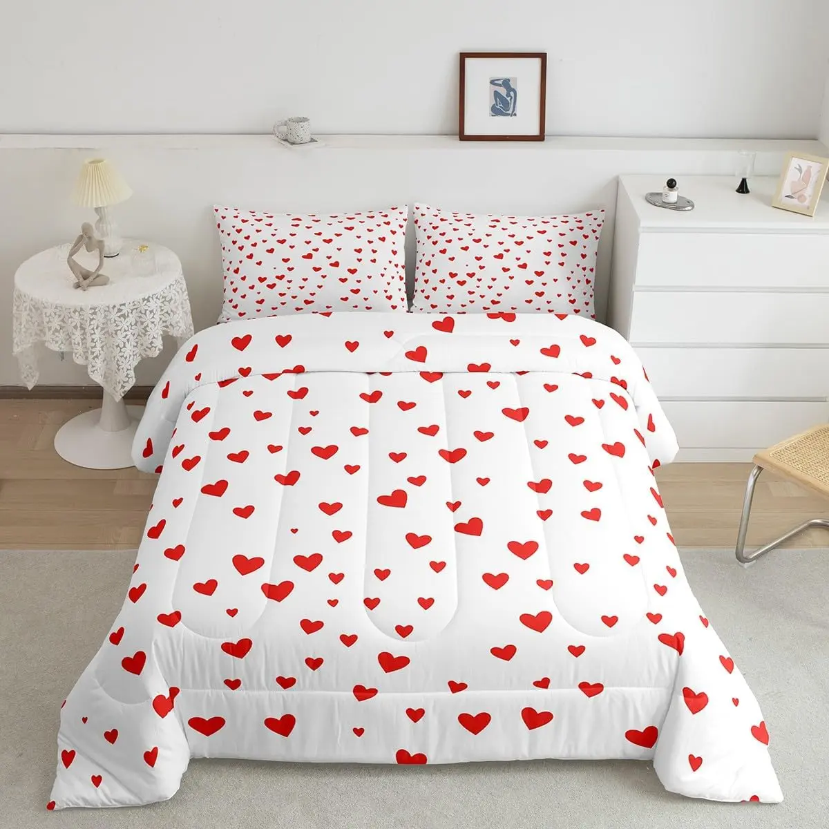 Feelyou Microfiber Decorative Bedding Set - Digital Print Kawaii Heart Love Theme, Breathable White-Red Bed Cover, Multi-Size Cuddly Duvet for Teens, Includes Linens, Machine Washable