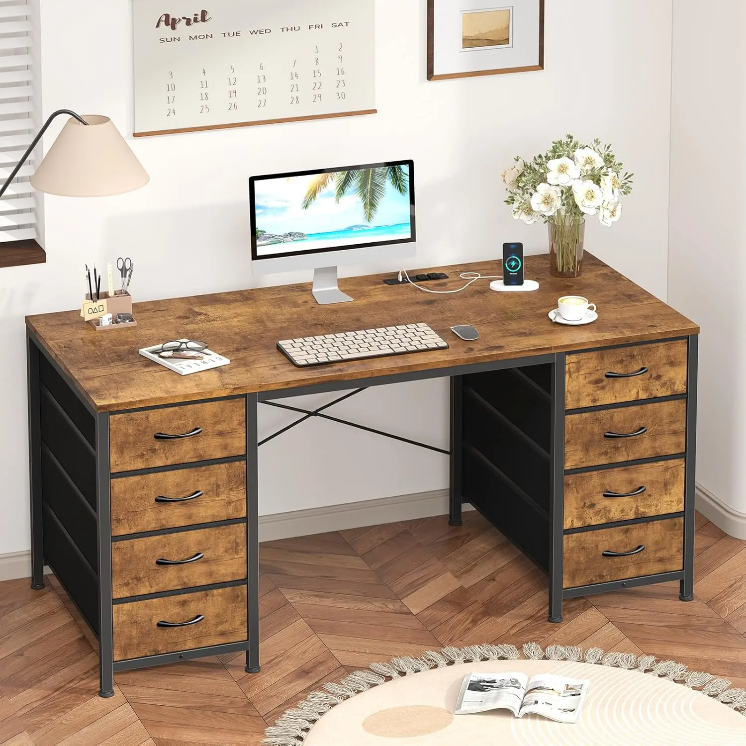Computer Desk with 8 Drawers, 47" Home Office Desk | Rustic Brown Gaming Writing Study PC Table for Home Office, X-Shaped Reinforced Frame