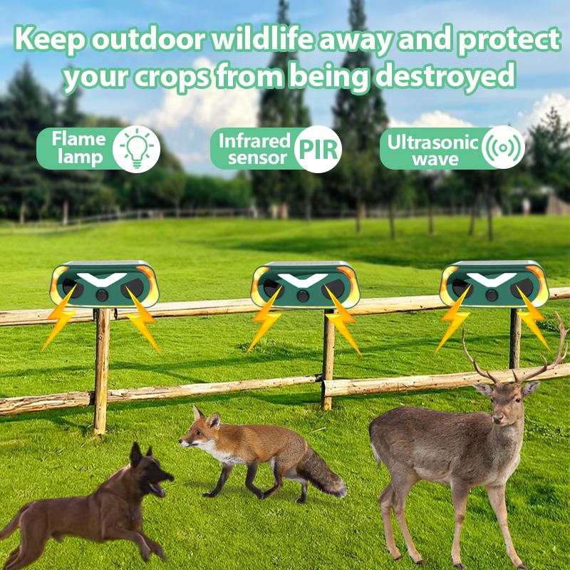 Solar Ultrasonic Flame Lamp Animal Repeller - Home Essentials, 3-9M PIR Motion Sensor, IP66 Waterproof Outdoor Pest Control Stake for Yard, Garden, Repels Squirrels, Deer, Birds, Rats, Weasels, Mosquitoes