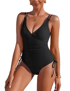 Womens One Piece Swimsuit Tummy Control Swimsuits V Neck Ribbed Bathing Suits with Sides Drawstring