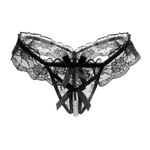 Pearl Accented Lace T‑Back, Open‑crotch Lightweight Thong, Comfortable Close‑fitting Intimates