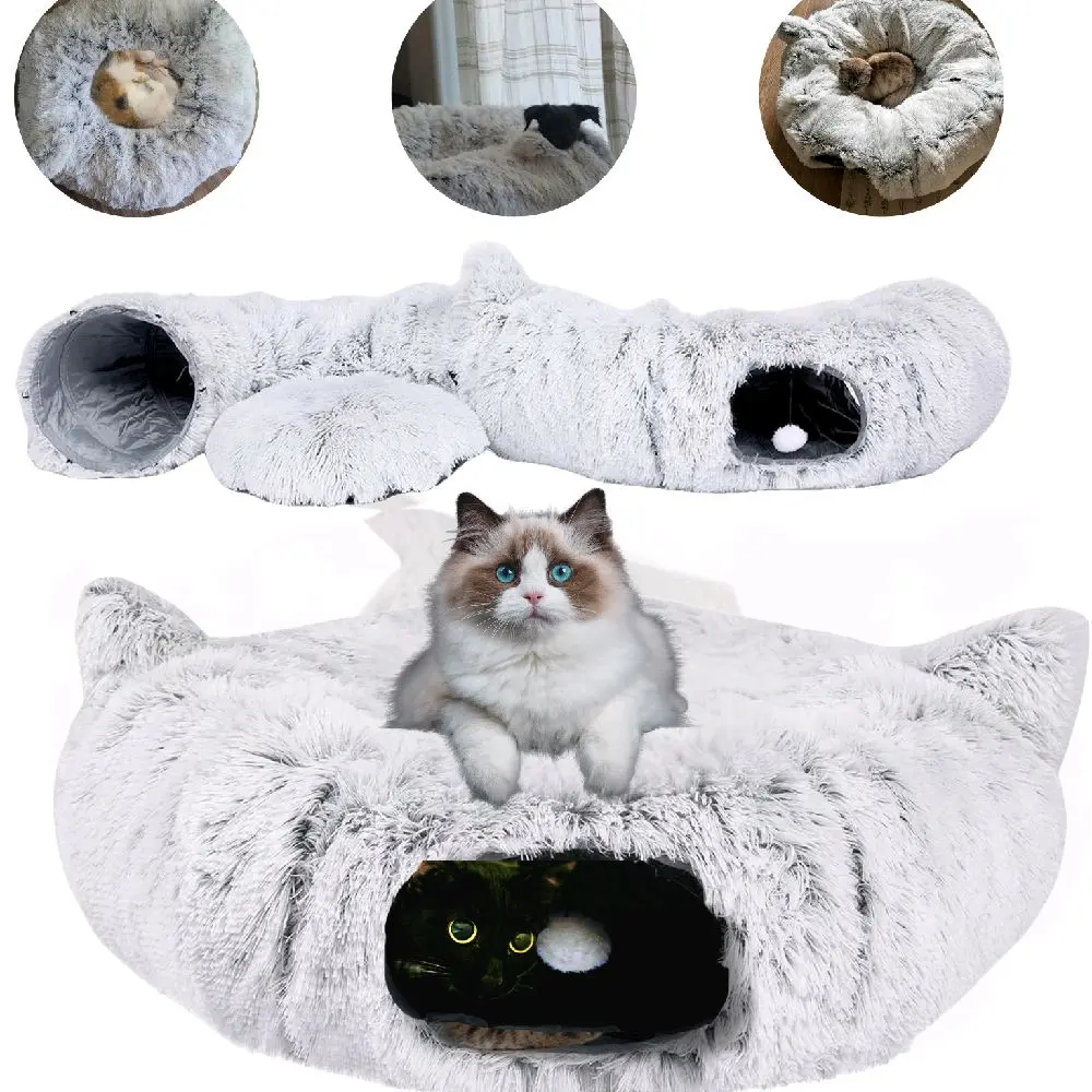 Marley & Bailee Cat Tunnel - Fluffy Plush Donut Shape with Crinkling Ears & Dangling Ball Toy for Cats Dogs Rabbits Ferrets