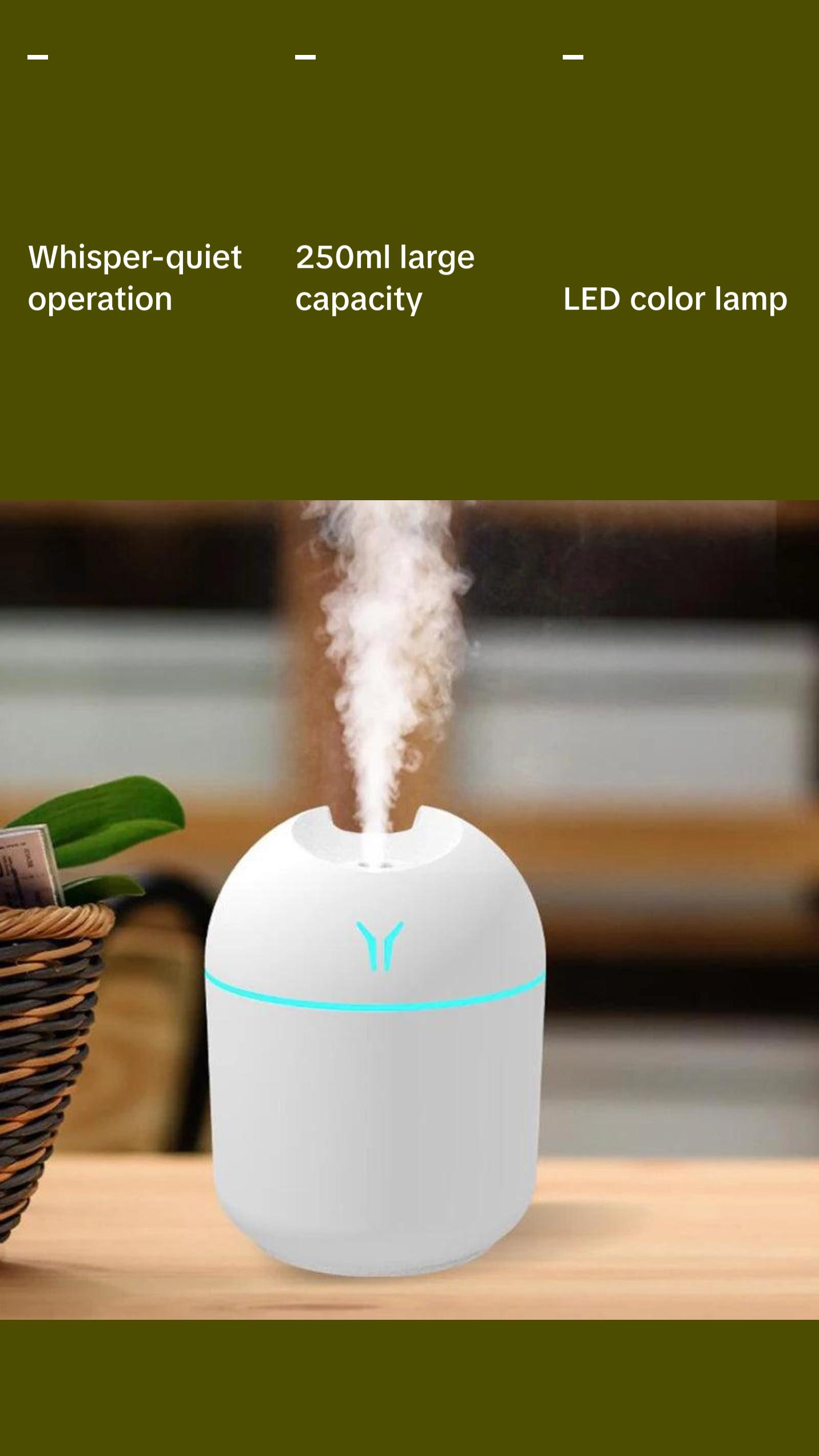 250ML USB Mini Air Humidifier Aroma Essential Oil Diffuser For Home Ultrasonic Mute Mist Maker Diffuser with LED Color Lamp