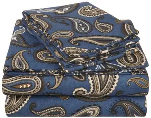212 MAIN 4-Piece Cotton Flannel Queen Sheet Set - Impressions by Luxor Treasures, Paisley Print, Navy Blue, Flannel Weave, Fully Elastic
