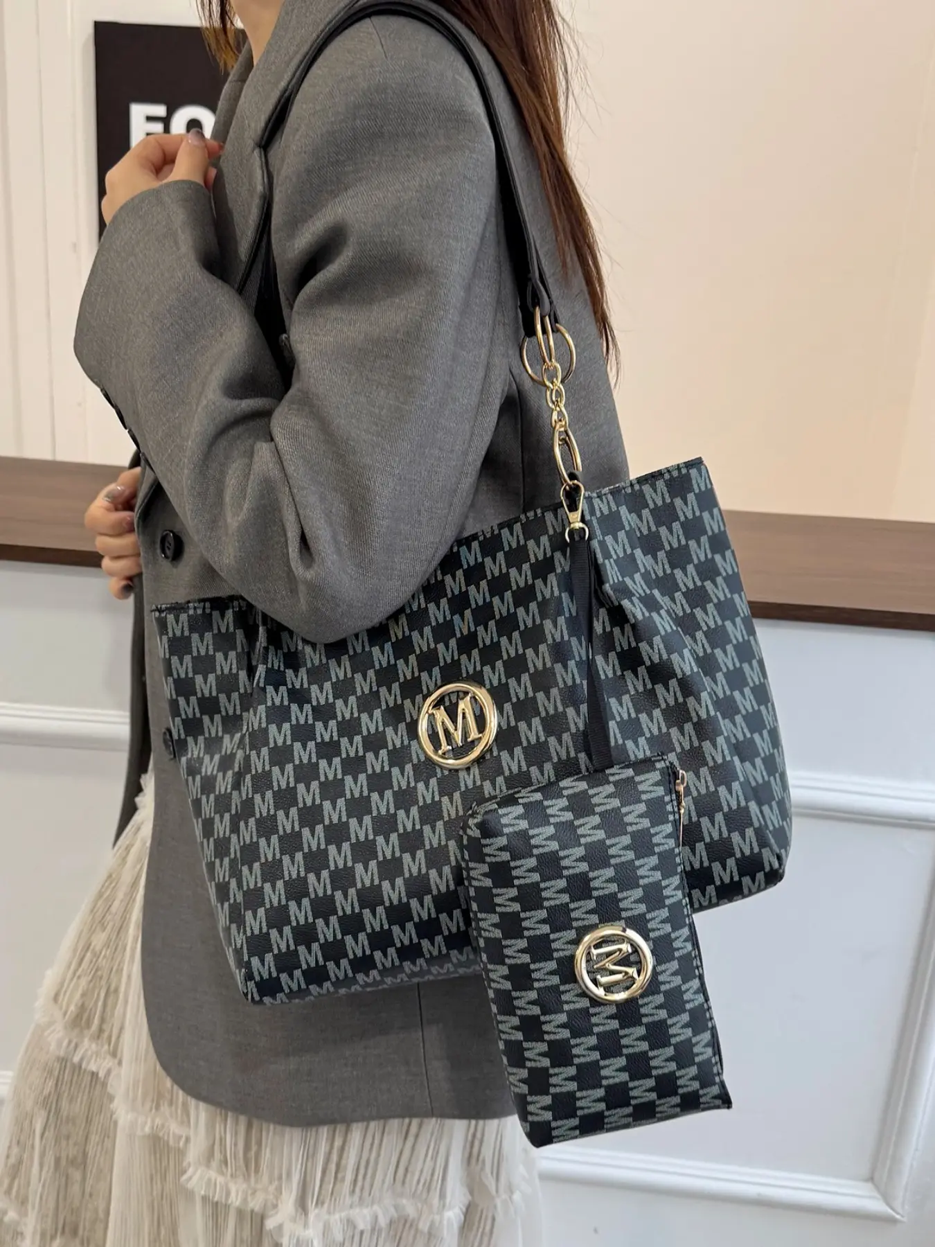 Women's Letter Pattern Stylish Tote Bag Set, Large Capacity Shoulder Bag with Detachable Pouch, Fashionable Bags, Lightweight PU Leather Handbag