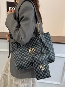 Women's Letter Pattern Tote Bag Set, Large Capacity Storage Tote Bag Shoulder Bag with Detachable Pouch, Fashionable Lightweight PU Leather Handbag