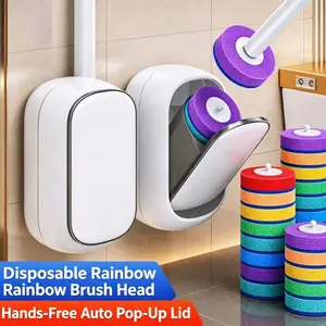Disposable Toilet Brush with Wall Mount Storage Holder, 360° Rotating Cleaning Sponge Heads, No-Drip Bathroom Toilet Cleaner System, Disposable Rainbow Replacement Brush Heads for Deep Bowl Cleaning