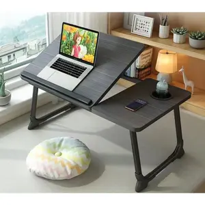 Portable Foldable Adjustable Laptop Desk with Cup Holder, Multi-functional Bed Tray Table for Bed Couch Writing, Fits Laptops, Black