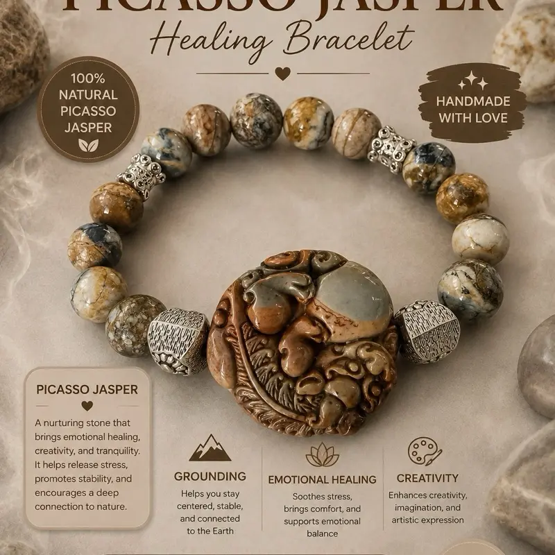 Pure Natural Picasso Jasper Gemstone Bangle Bracelet - Unisex Adult Distinctive Patterns Crystal Jewelry Accessory, Simple Design for Casual-Formal Wear, Ideal for Personal Use