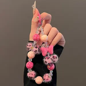 1 pink fur ball three-dimensional bow phone chain, paired with a phone, key, and bag for autumn and winter, creating a girlish atmosphere, Phone Wrist Strap