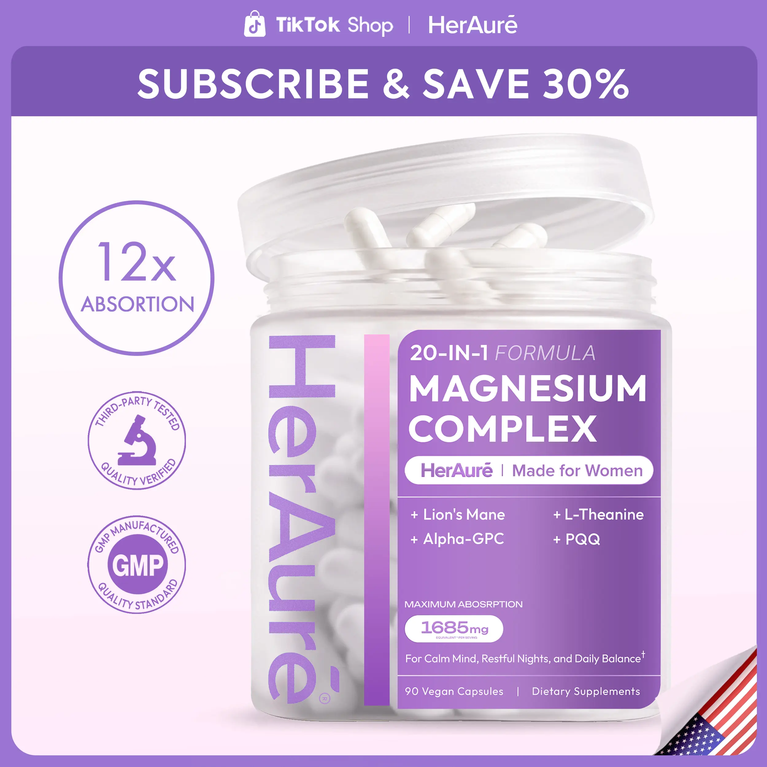 HerAure 20-in-1 Magnesium Complex 1685mg - BrainFog Relief, Reduce Overthinking & Calm Mind, StressRelief & Sleep Comfort, Digestion, Muscle & EnergySupport, 12 Forms of Magnesium, B6, Zinc & SlipperyElm, beach essentials, Deals For You Days，G summeressen