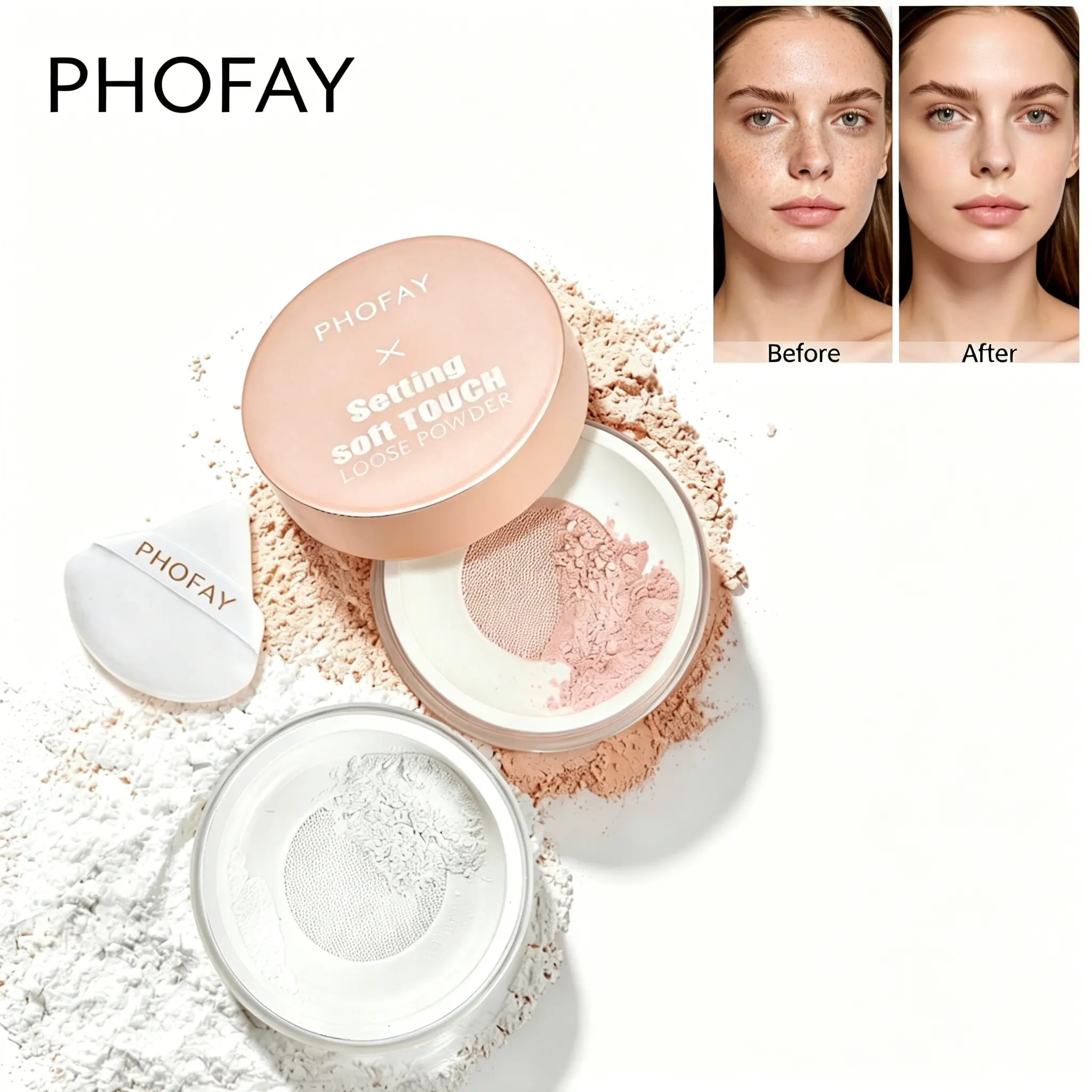 PHOFAY Soft Touch Loose Setting Powder, Oil Control Matte Finishing Powder, Long-Lasting Blurring Translucent Powder, Non-Caking for Oily Skin, All-Day Wear