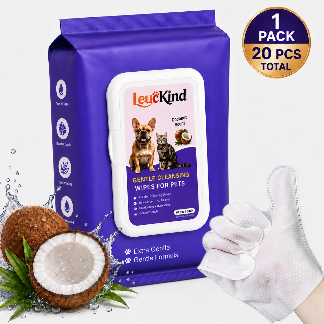 LEUCKIND Hypoallergenic Pet Glove Wipes for Dogs, Cats & Small Animals | No-Rinse Deodorizing Dog Wipes for Paws,  Eyes & Ears | Pet Wipes for Stain & Odor Cleanup Between Baths & Travel prt sticky hair control gentle cleaning jojoba oil