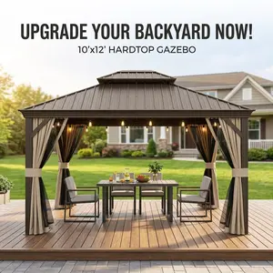 10x12 FT Hardtop Gazebo Outdoor Patio Canopy AluminumPavilion with Galvanized Steel Double Roof Privacy Curtains and Netting Brown Garden Grill Shelter Backyard Deck Shade Structure for Outdoor Entertaining