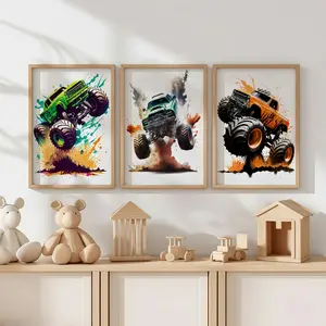 Set Of 3 Colorful Monster Truck Jumping Wall Art Prints, Modern Abstract Design, Perfect For Home Decoration, Watercolor Car Canvas Poster, Suitable For Living Room, Bedroom, Office, Unframed