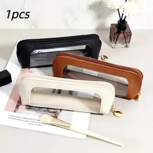 Portable Cosmetic Storage Makeup Bag with Brush Holder, Travel Lipstick Pouch, Wallet Size, Transparent Window, Zipper Closure, Elegant Design, Zipper Makeup Organizer