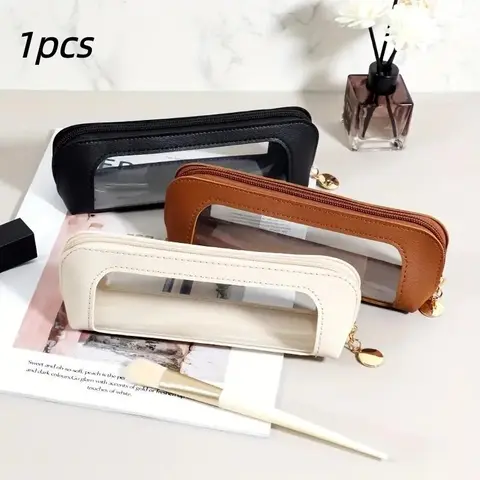 Portable Cosmetic Storage Clear Makeup Bag with Brush Holder, Travel Lipstick Pouch, Wallet Size, Transparent Window, Zipper Closure, Elegant Design, Zipper Makeup Organizer, Beauty Cosmetics Organizer, Cosmetic Travel Bags