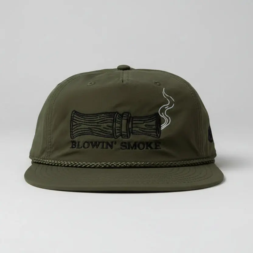 Blowin' Smoke Olive Green Unstructured 5 Panel Flat Bill Rope Hat with Duck Call Design & Adjustable Snapback Closure