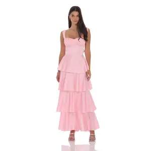 Satin Ruffle Maxi Dress in Pink