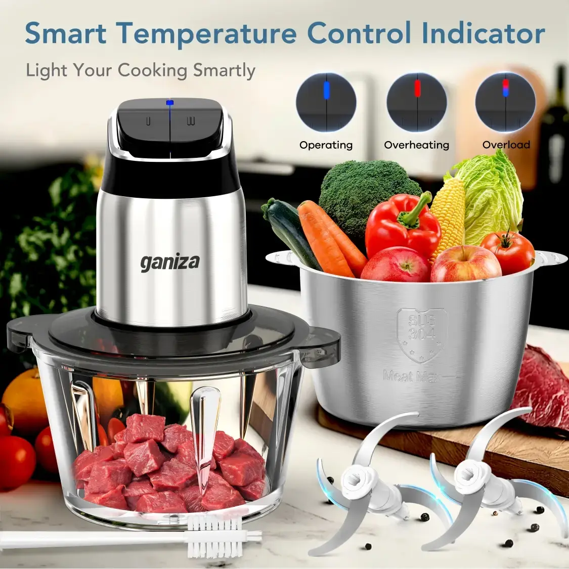 Ganiza Food Processor - 8-Cup Glass & 8-Cup Stainless Steel Dual Bowls, 2-Speed Chopper, Meat Grinder, Kitchen Vegetable Slicer, Ergonomic Buttons, Smart Overheat Protection Light, 2 Sets of Blades, Clean Brush, Household Kitchen Appliance, Meat Slicer