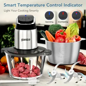 Ganiza Food Processor, 2-Speed Food Chopper Meat Grinder with 8 Cup Stainless Steel & 8 Cup Glass Bowls, Upgraded Button & Smart Overheat Protection Light - Includes Clean Brush, 2 Sets of Blades