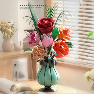 566-Piece Flower Bouquet Building Blocks Set - Roses/Daisies/Lotus/Bellwort with Orange Leaves, Creative DIY Vase Ornament, Home Decor Bricks Toy, Birthday & Christmas Gift