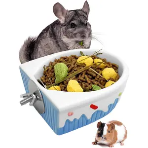 Chinchilla Food Bowl Ceramic Guinea Pig Cage Feeder Hanging Bunny Food Dish Small Animal Feeding Bowls for Syrian Hamster Ferret Gerbils (Blue)