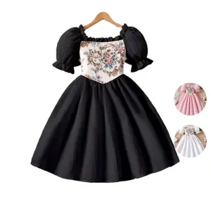 Kid Girls Elegant bubble Dress 8Y,9Y,10Y,11Y,12Y Girls set Square Neck Puff Sleeve Vintage Floral Print A-Line Maxi Dress L1039B