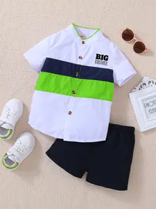 Two-Piece Set Toddler Boy's Letter Print Short Sleeve Shirt & Solid Shorts, Casual Mock Neck Top & Shorts for Summer, Kids Clothes for Daily Wear, Toddler Outfit