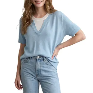 Shewin  Women's Notch Neck Short-Sleeve Loose-Fit Solid Basic Knit Blouse, Casual Knitwear for Daily Wear DealsForYouDays