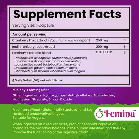 Velobiotics Femina Women Probiotic Capsules with Cranberry Extract 10 Strains 5 Billion CFU Prebiotic Inulin 200mg Vegan Gluten-Free 60 Capsules for Healthcare & Dietary Support