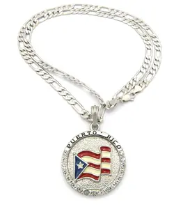 NYFASHION101 Puerto Rico Flag Rhinestone Pendant with 24" Figaro Chain Necklace in Silver-Tone