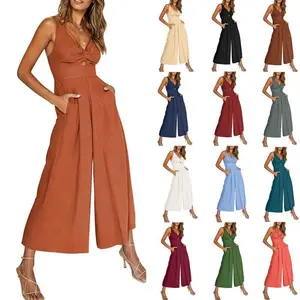 Sexy V Neck Spaghetti Strap Ruched High Waist Wide Leg Jumpsuit With Side Pockets