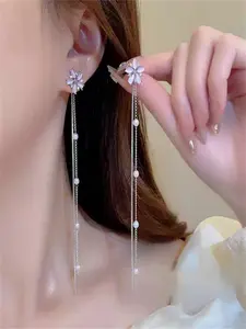 Elegant Crystal Flower Dangle Earrings, Long Tassel Design, Perfect for Daily Gatherings and Holiday Gifts, Valentine's Day Present