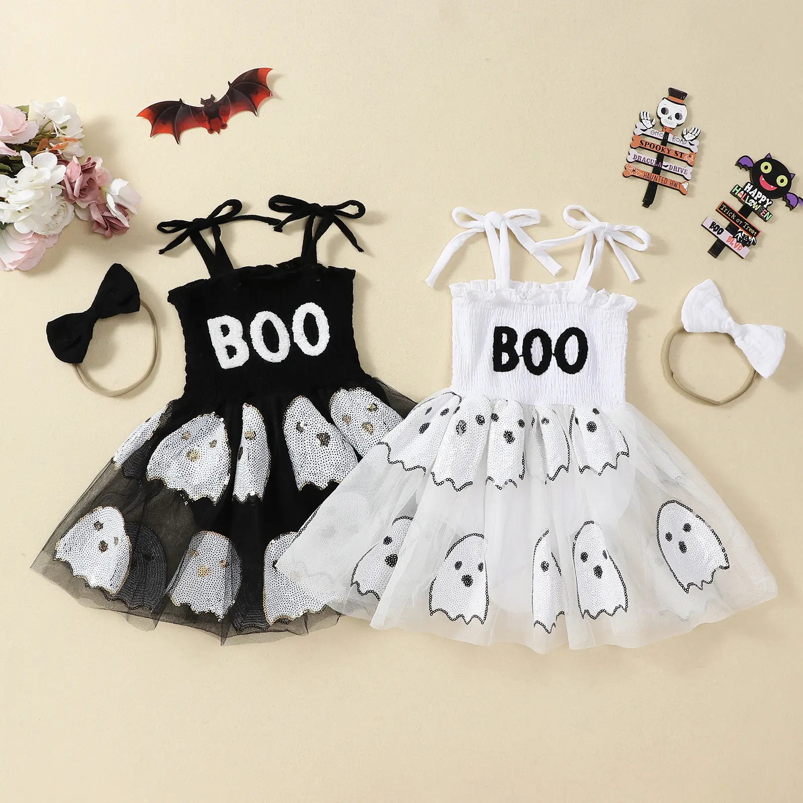 Newborn Baby Girl Sequin Ghost Bubble Romper Dress with Headwear, Baby Halloween Costume for My 1st Halloween Outfit
