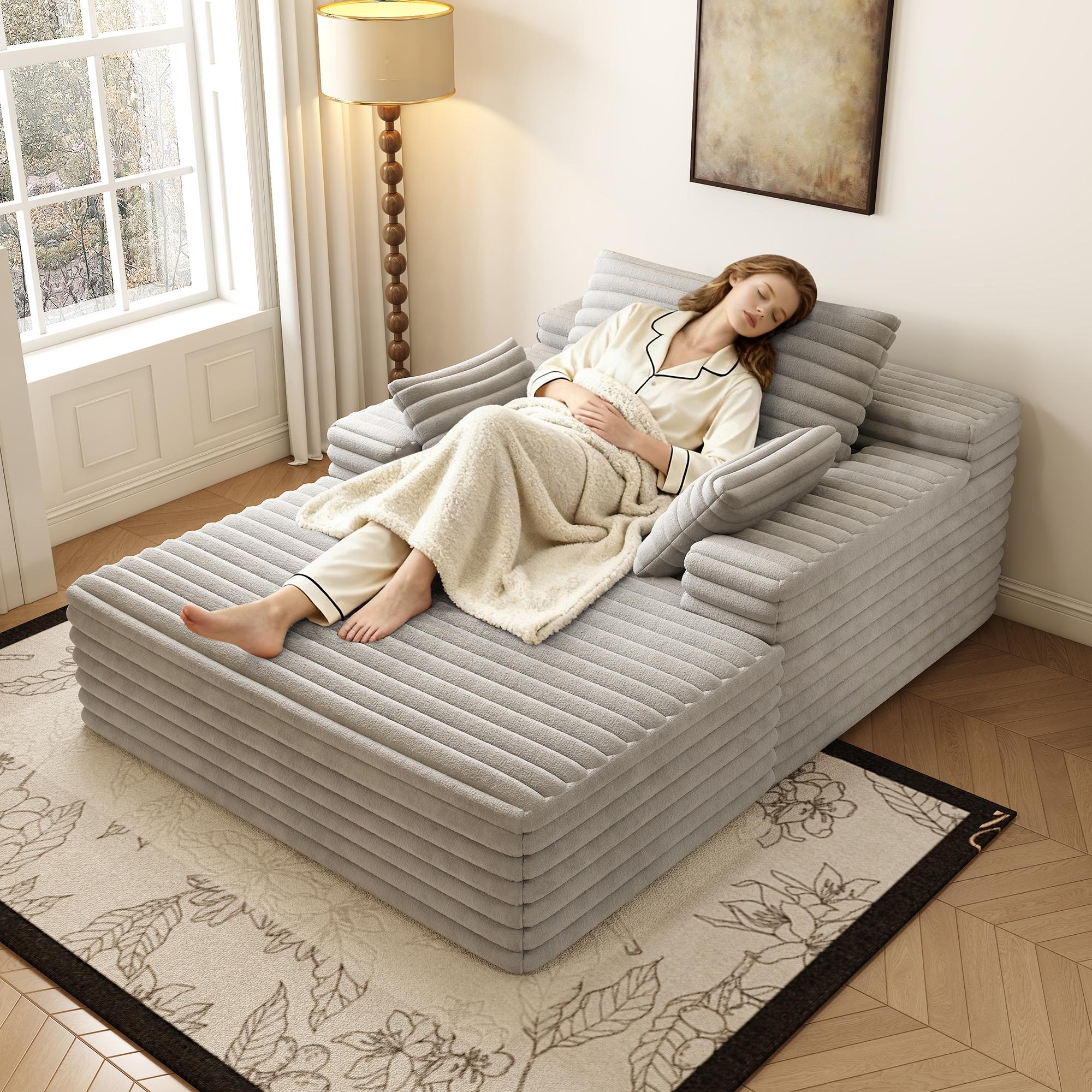 Chaise Lounge Indoor, Oversized Chaise Lounge Chair with 3 Throw Pillows and Armrests, Corduroy Upholstered Plush Sofa Bed Lazy Chair Bed Sleeper Chair for Living Room Apartment ,Lazy Couch Bean Sofa for Adult