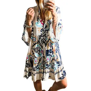 Mntaor Women's Summer Tribal Print Bracelet Sleeve Buttoned High Waist Mini Dress - Casual Womenswear