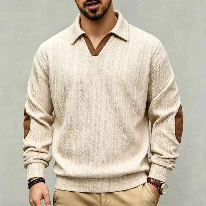Men’s Cable-Knit Polo Shirt, Vintage Collegiate V-Neck Pullover with Faux Leather Elbow Patches, Lightweight Pilling-Resistant Fabric, Paired with Jeans/Casual Trousers, Menswear Knitwear